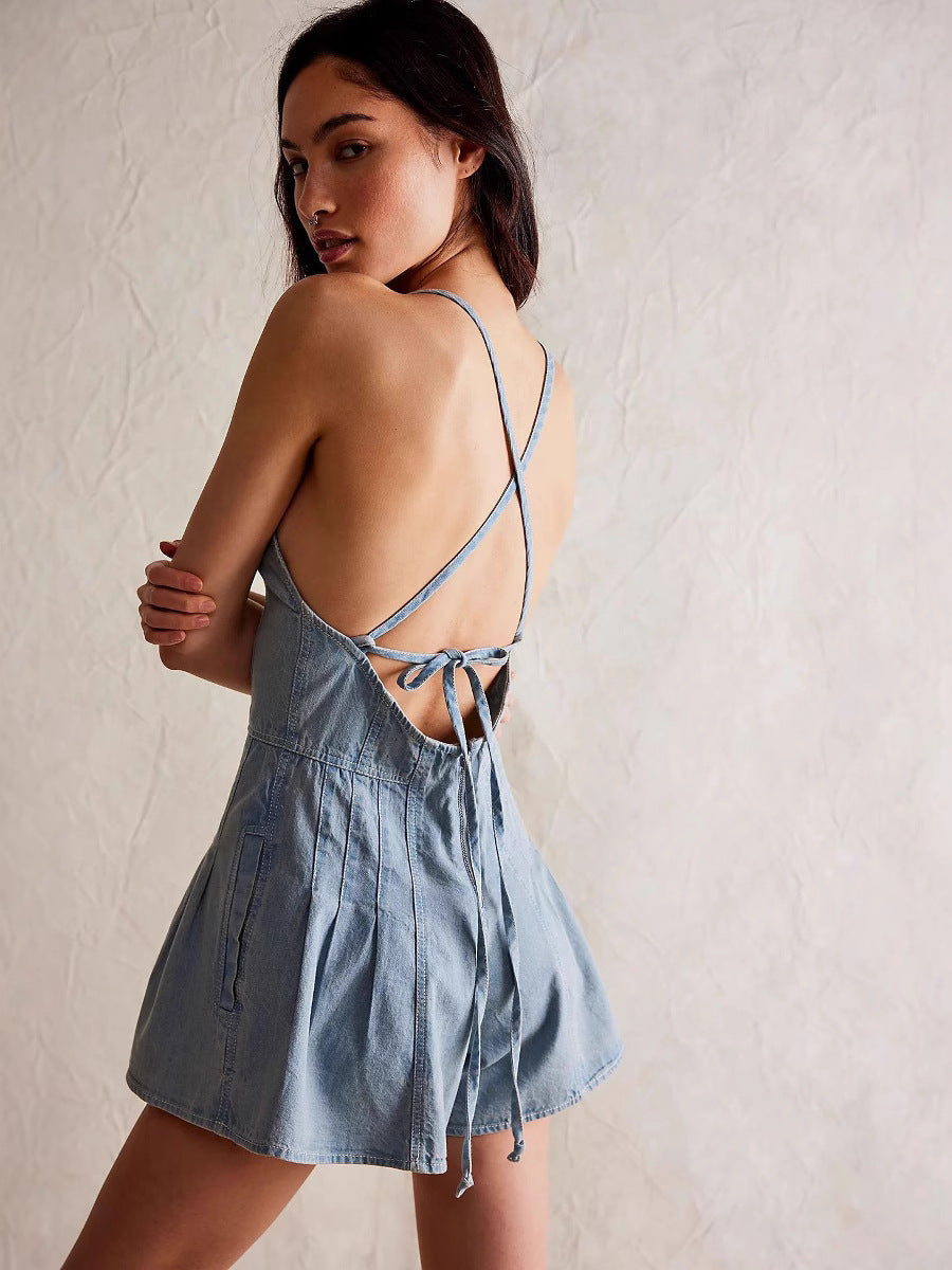 yoeasy Women's Sleeveless Deep V Neck Shorts Denim Romper Spaghetti Strap Tie Backless Ruffle Jean Overalls