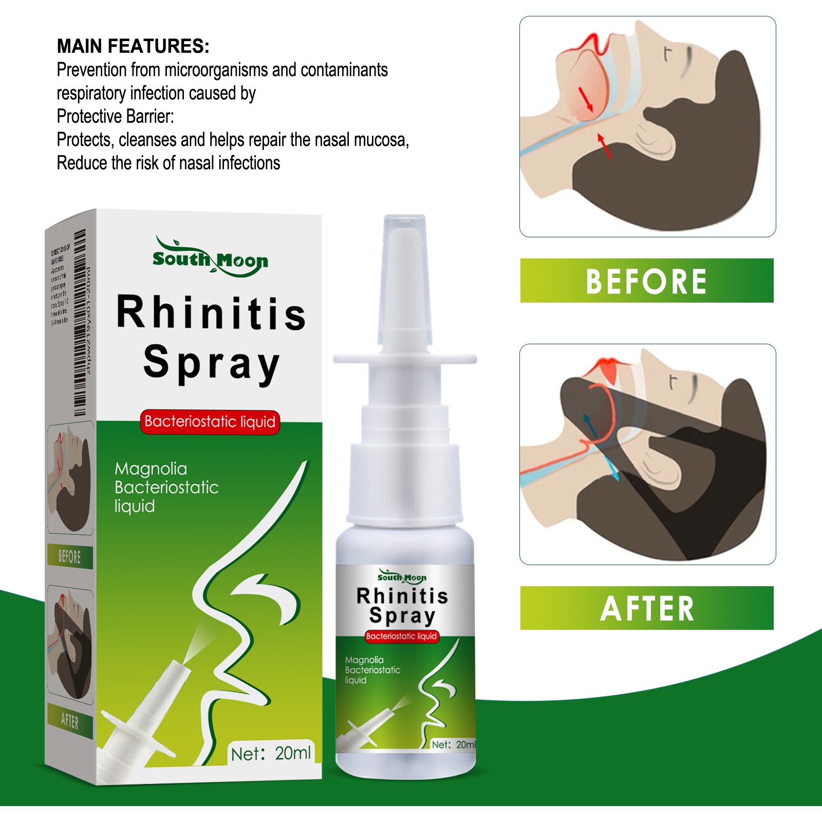 South Moon Rhinitis Spray 20ml - Gentle Nasal Cleansing for Discomfort Relief with Angelica Dahurica & Chuanxiong