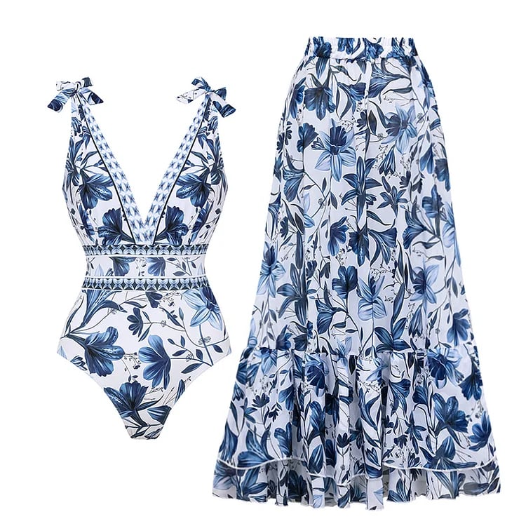 Floral Print One-Piece Swimsuit Set